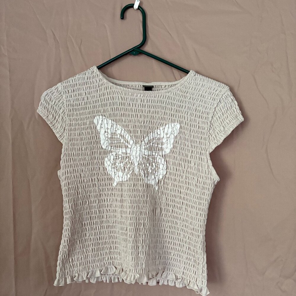 Womens Y2K Style Smocked  Butterfly Top Size XL Fairy Dainty Stretchy Feminine